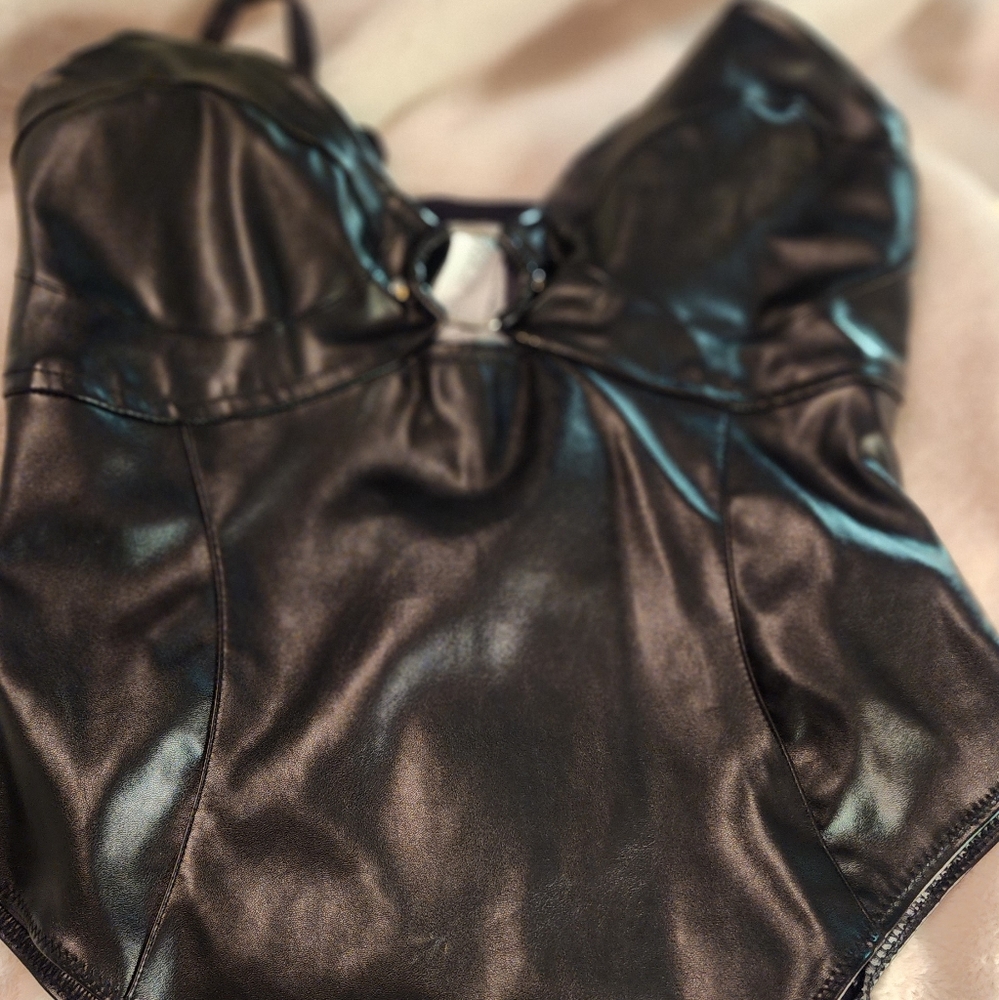 Black leather inspired forever 21 bodysuit in medium